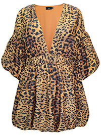 BLACK Leopard Print Volume Sleeve Puffball Hem Dress - Plus Size 16 to 30
