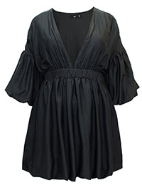 BLACK Volume Sleeve Puffball Hem Dress - Plus Size 16 to 30
