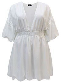 WHITE Volume Sleeve Puffball Hem Dress - Plus Size 16 to 30