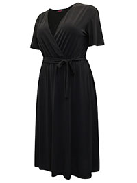 BLACK Short Sleeve Belted Wrap Dress - Plus Size 16 to 24/26