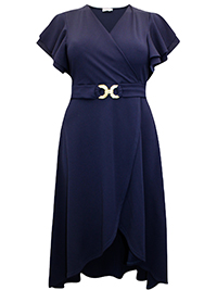 NAVY Flutter Sleeve Buckle Detail Wrap Dress - Plus Size 16 to 26