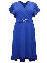 ROYAL-BLUE Flutter Sleeve Buckle Detail Wrap Dress - Plus Size 20 to 26