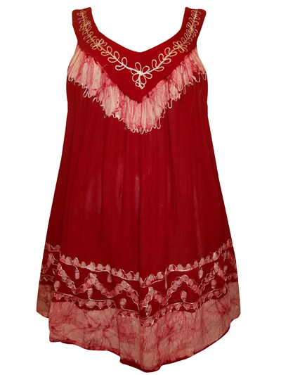 eaonplus Red/White Tie-Dye Embroidered Batik Print Tunic - Plus Size 14 to 34