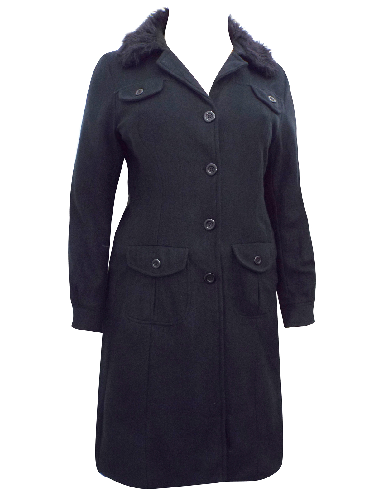 3SUISSES - - 3SUISSES BLACK Faux Fur Collared Long Coat - Plus Size 14/ ...