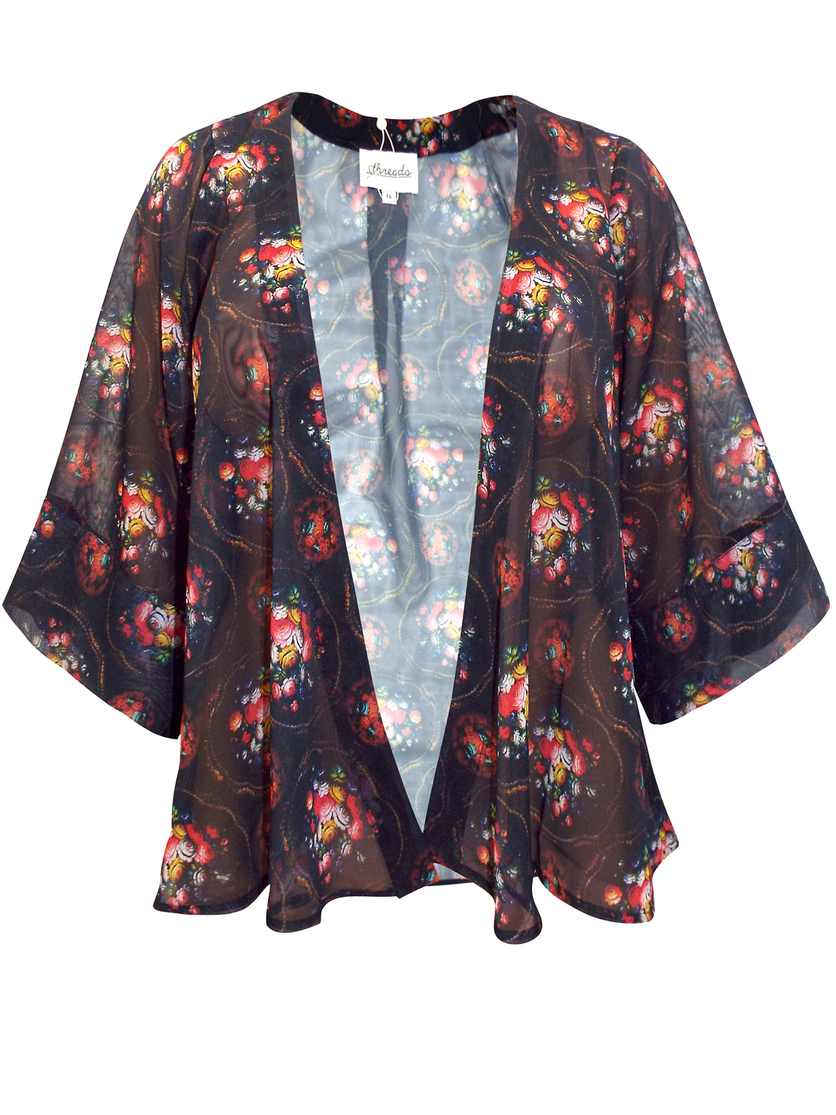 Threads - - Threads BLACK Floral Print Kimono Cover-Up - Plus Size 16 to 26