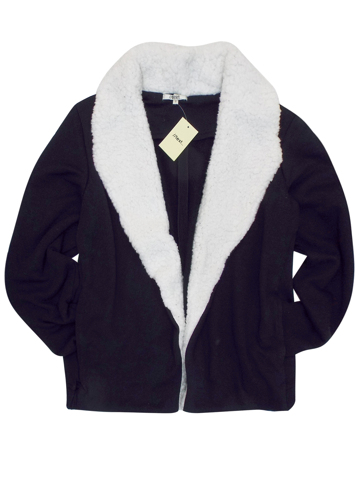 //text.. - - BLACK Fleece Shawl Collar Open Front Jacket - Size 12 to ...
