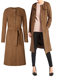 P3rUna CAMEL Collarless Suedette Belted Trench Coat - Size 8 to 24 P3rUna CAMEL Collarless Suedette Belted Trench Coat - Size 8 to 24