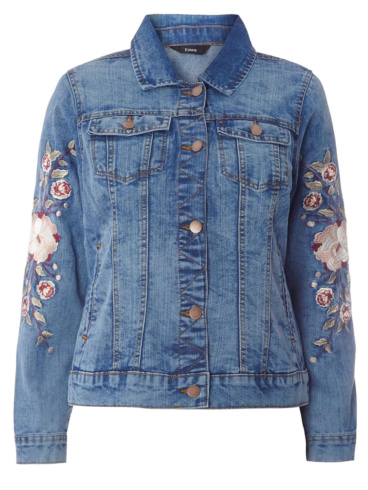 DENIM BLUE Floral Embroidery Sleeves Denim Jacket - Plus Size 26 to 28