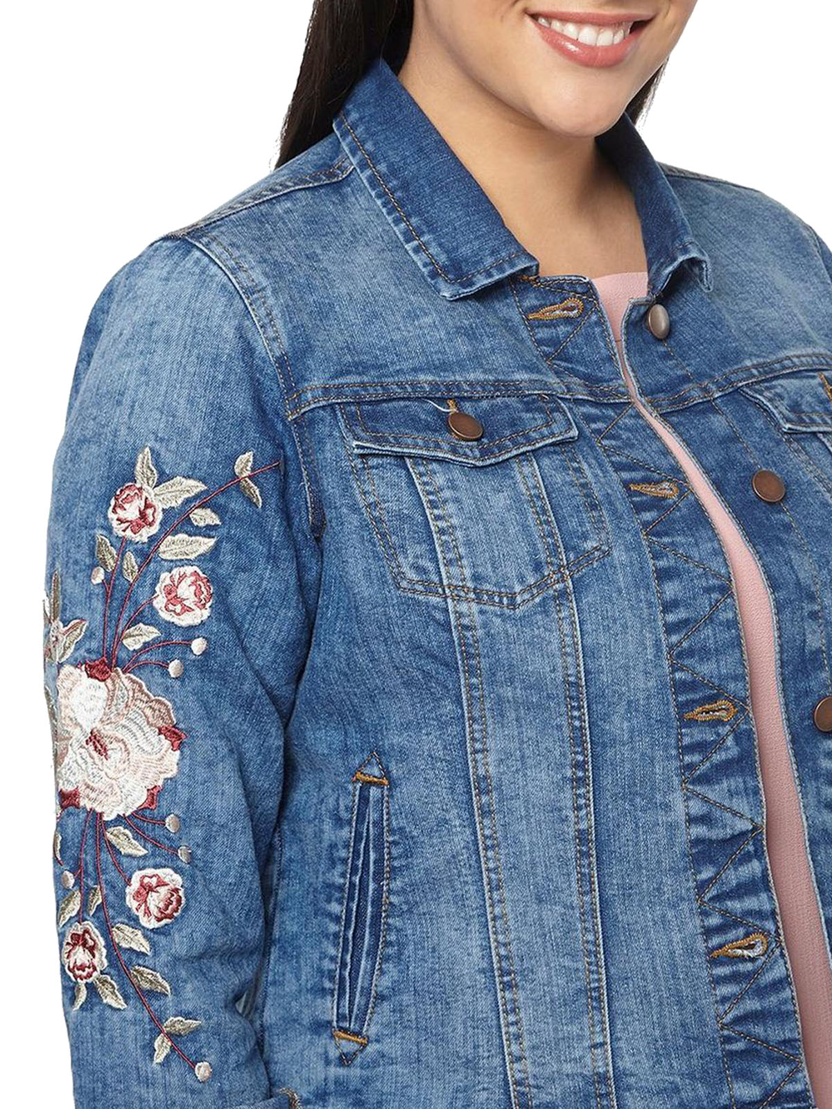 DENIM BLUE Floral Embroidery Sleeves Denim Jacket - Plus Size 26 to 28