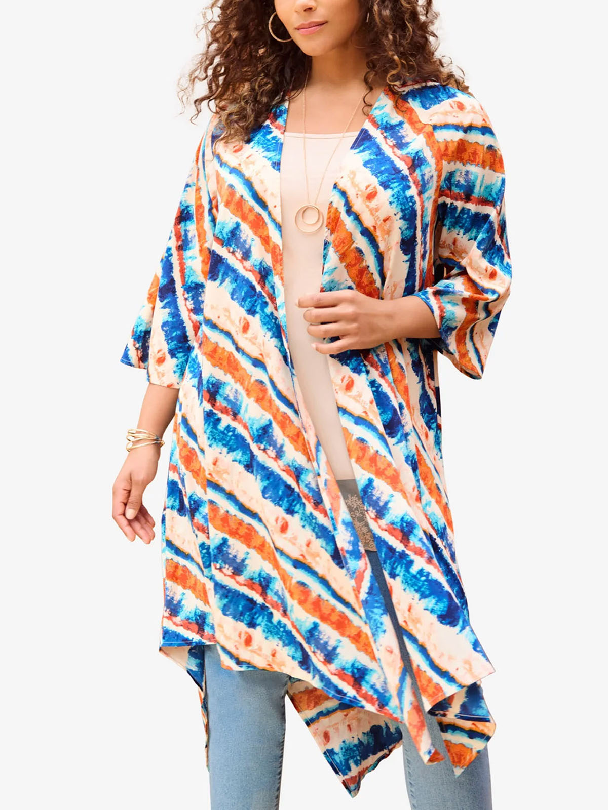Denim 24 7 BLUE Vibrant Tie Dye Hanky Hem Kimono Plus Size 1X 2X 