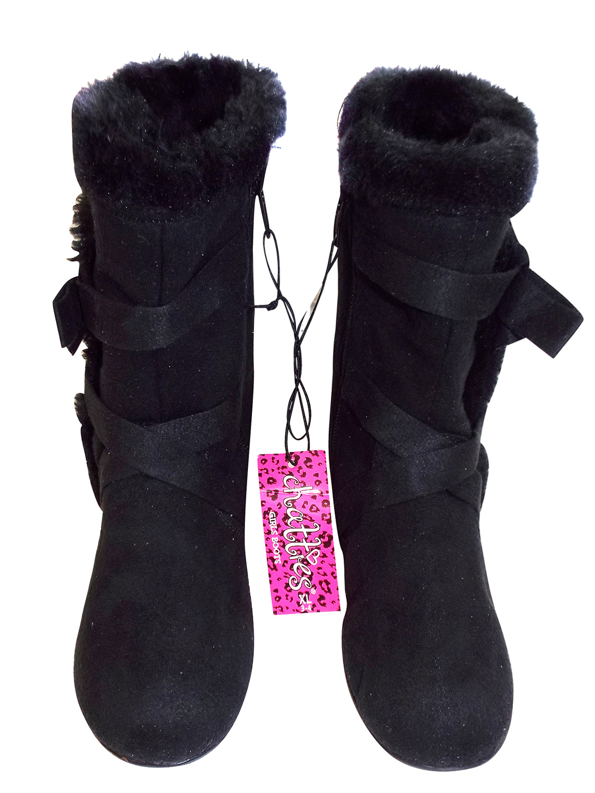Chatties - - Chatties BLACK Girls Faux Fur Trim Ankle Boots - Size 12/13 to 3/4