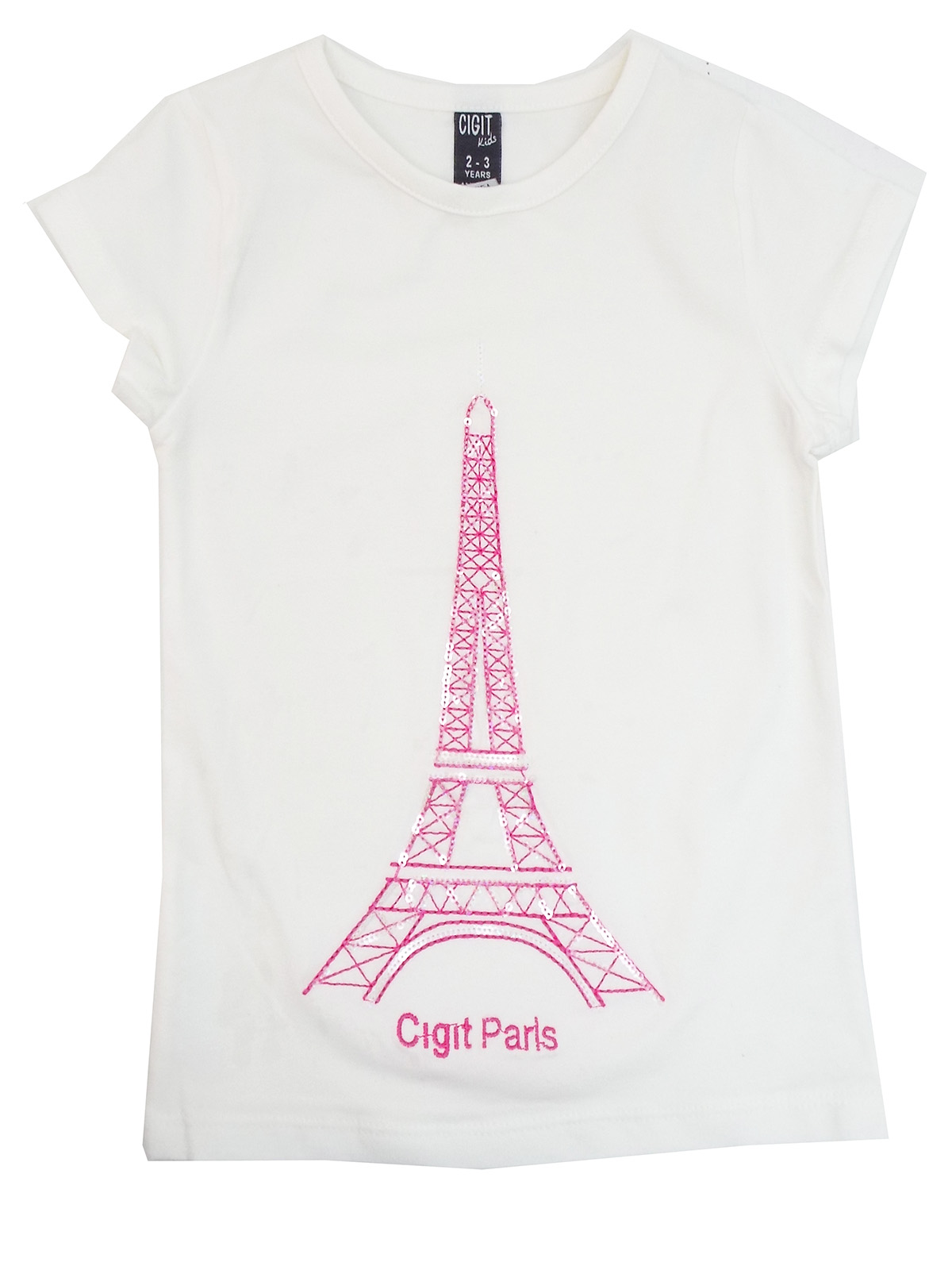Cigit Kids - - Cigit Kids CREAM Girls Pure Cotton Sequin Eiffel Tower T ...