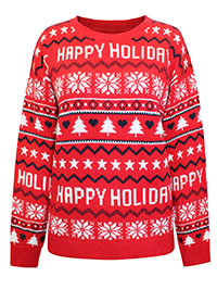 RED Fairisle 'Happy Holidays' Knitted Christmas Jumper - Size 10 to 18