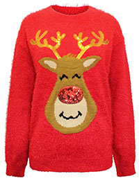 TOKYO-RED Sequin Reindeer Fluffy Knit Christmas Jumper - Size 10 to 18