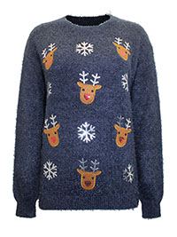 NAVY Sequin Snowflake & Reindeer Fluffy Knit Christmas Jumper - Size 10 to 18