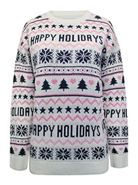 IVORY Fairisle 'Happy Holidays' Knitted Christmas Jumper - Size 10 to 18