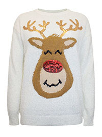 IVORY Sequin Reindeer Fluffy Knit Christmas Jumper - Size 10 to 18