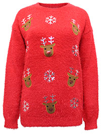 RED Sequin Snowflake & Reindeer Fluffy Knit Christmas Jumper - Size 10 to 18