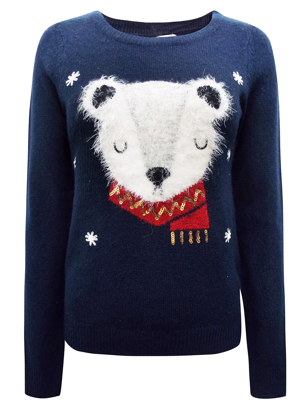 Camaïeu - - Camaïeu NAVY Sequin Snowflake Bear Print Knitted Jumper ...