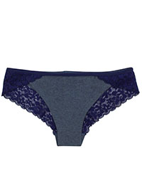 BLUE Contrast Lace Trim Brazilian Knickers - Size 8 to 12/14 (S to L)