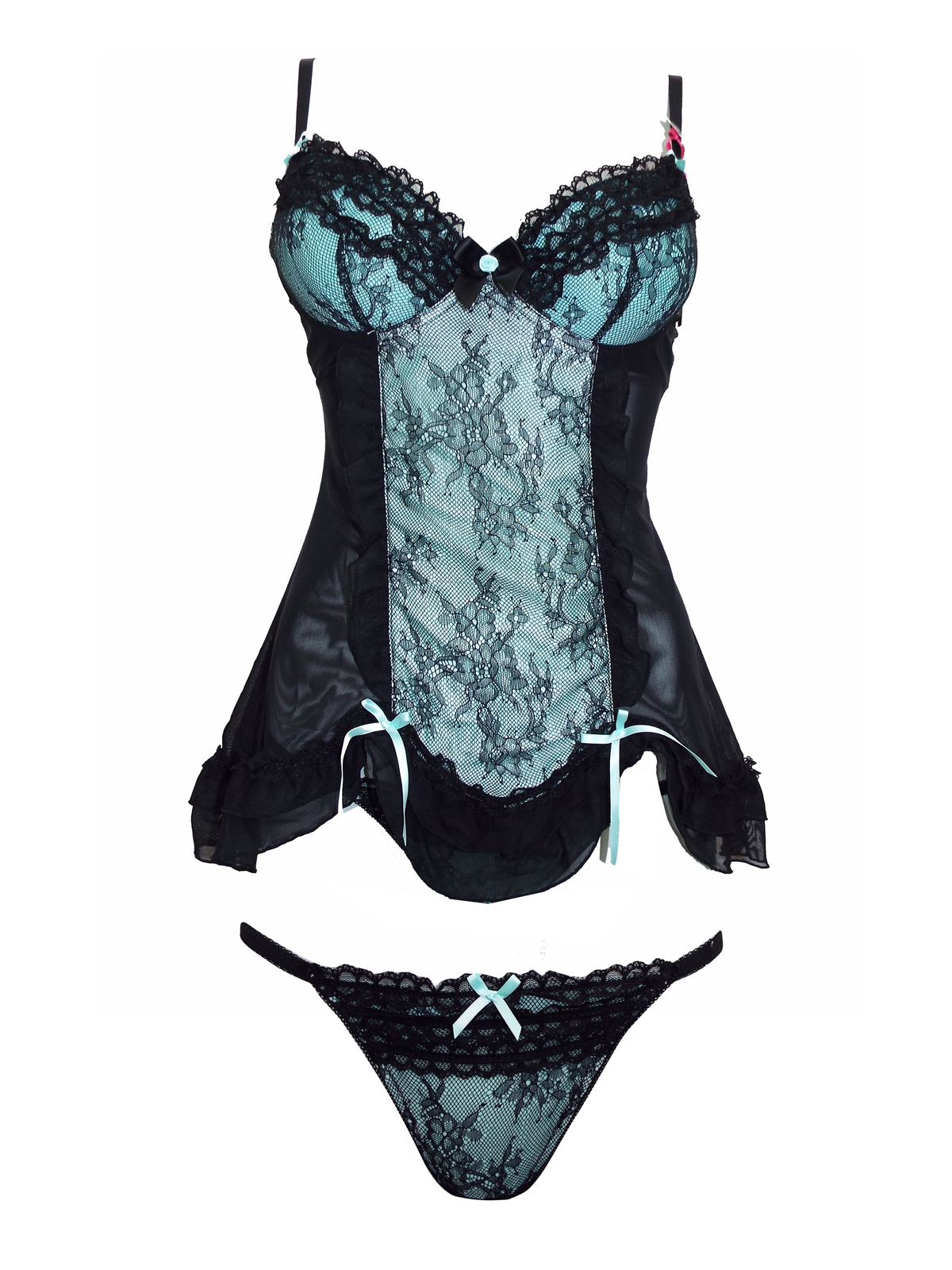 No Secrets AQUA Mix Lace Babydoll Thong Set Size 32 to 36 (ABCDDD)