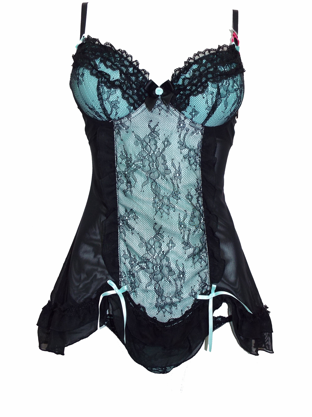 No Secrets AQUA Mix Lace Babydoll Thong Set - Size 32 to 36 (A-B-C-D-DD)