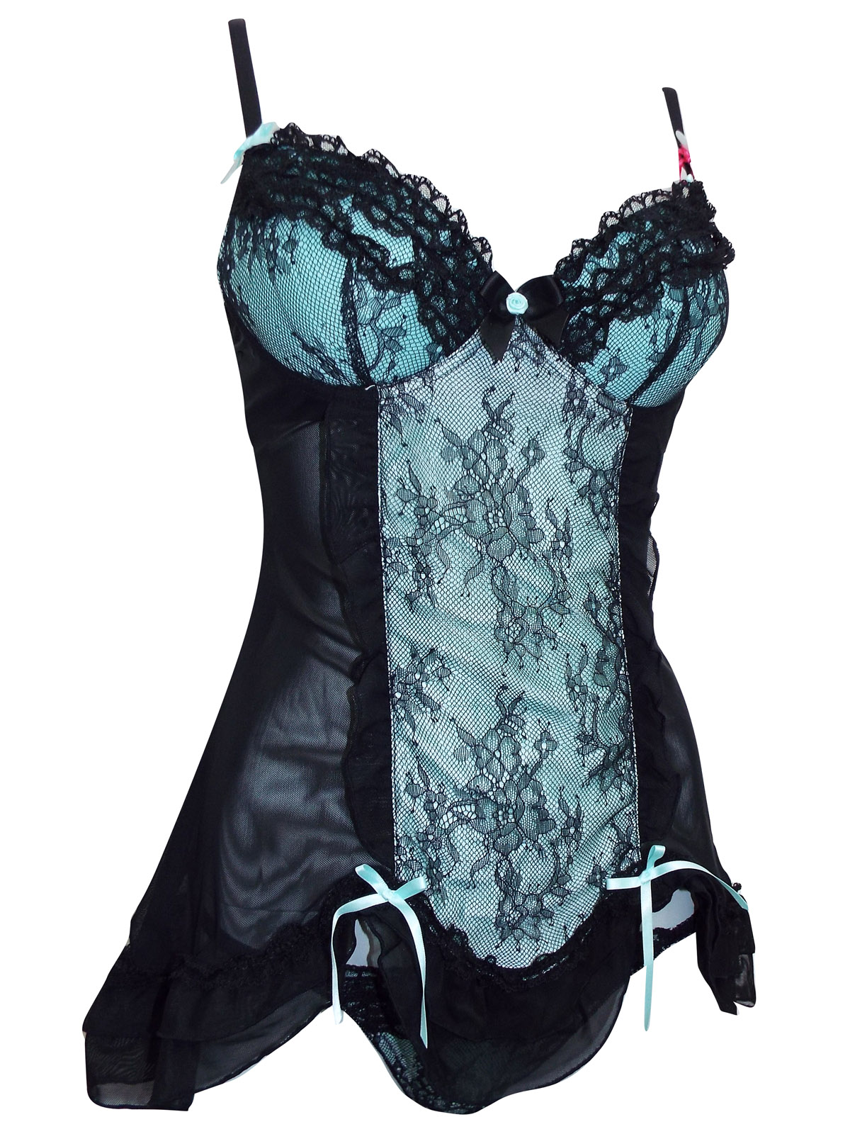 No Secrets AQUA Mix Lace Babydoll Thong Set - Size 32 to 36 (A-B-C-D-DD)