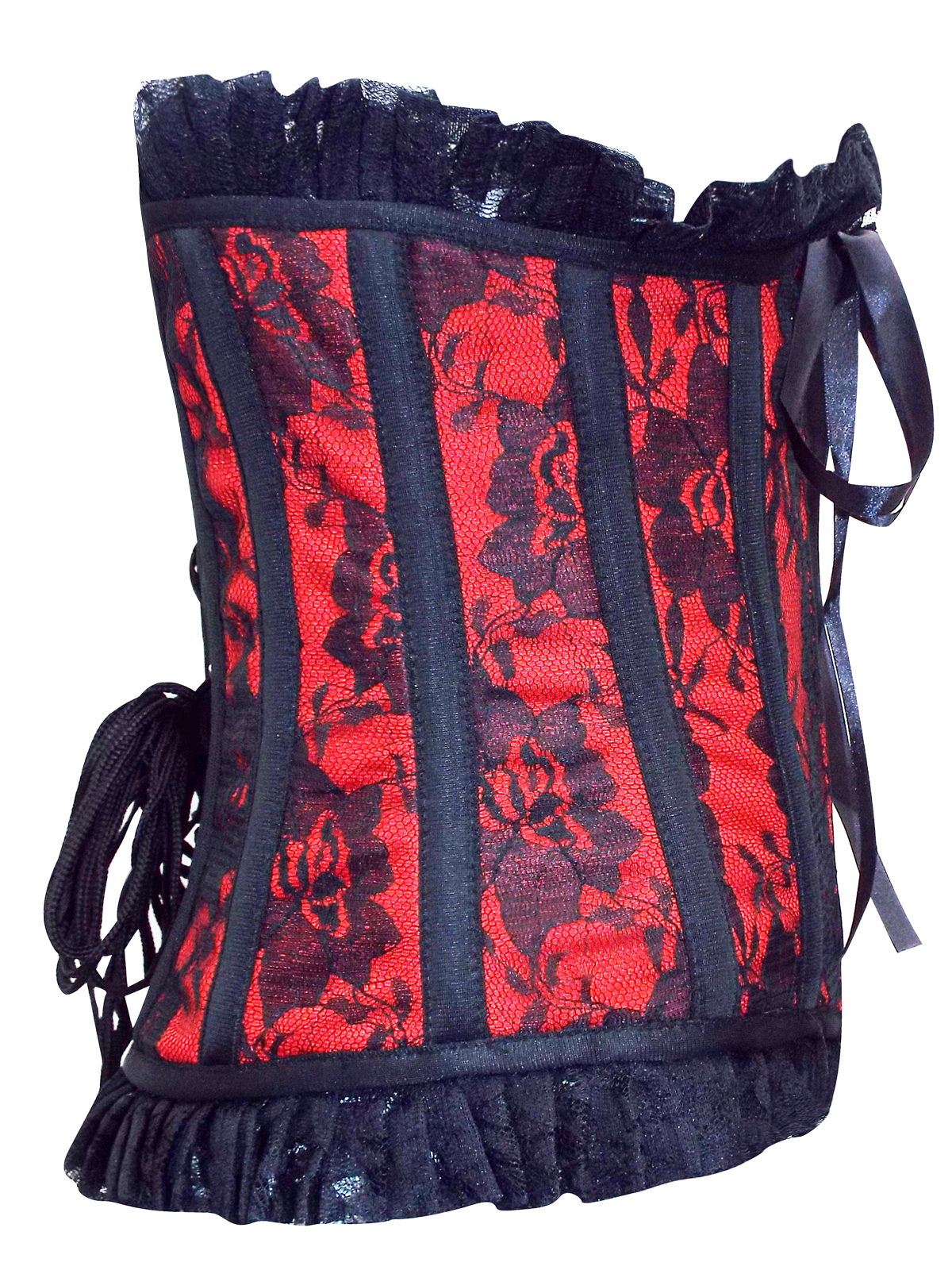 Wholesale Gothic, dressup corsets BLACKRED Pleated Mesh Trim Floral Lace Boned Corset