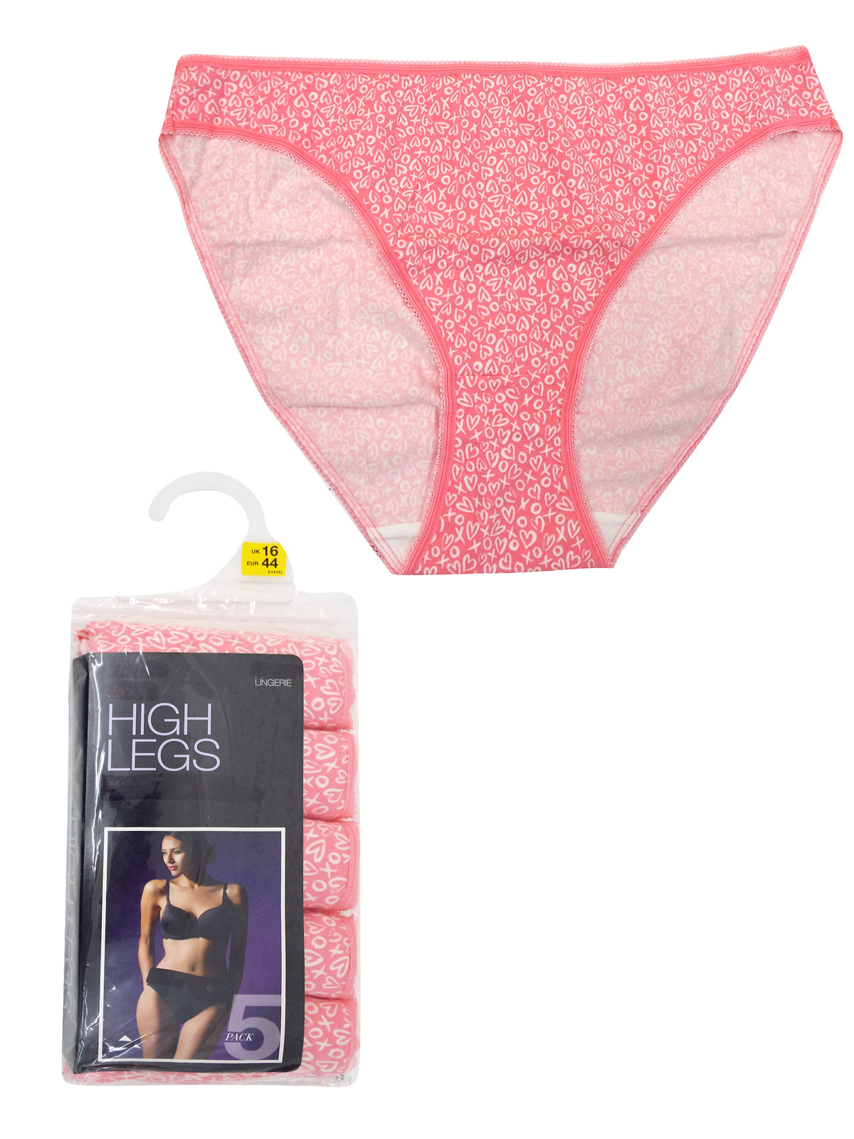 PINK 5Pack Cotton Rich Heart Print High Leg Knickers