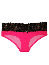 NEON-PINK Animal Print Lace Trim Brazilian Knickers - Size 6 to 8 (XS to S)