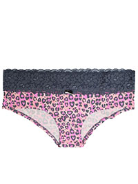 GREY/PINK Contrast Lace Trim Animal Print Brazilian Knickers - Size 8 to 10 (S to M)