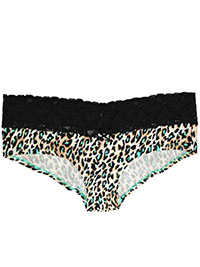 BLACK Animal Print Contrast Lace Trim Brazilian Knickers - Size S to L