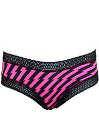 BLACK/PINK Striped Lace Trim Cheeky Hipster Knickers - Size 10 to 16/18 (M to XL)