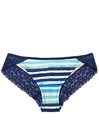 BLUE Contrast Lace Trim Striped Bikini Knickers - Size 8 to 12/14