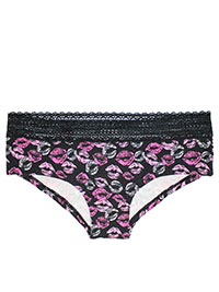 BLACK Lip Print Lace Trim Hipster Knickers - Size 8 (S)