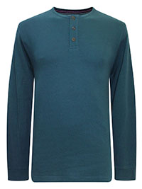 WS Mens TEAL Pure Cotton Long Sleeve Henley Top - Size M to XL