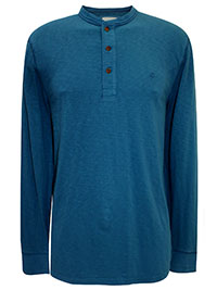 WS Mens TEAL Pure Cotton Long Sleeve Grandad T-Shirt - Size M to XXXL