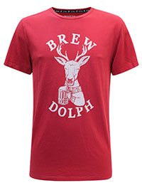 FF Mens RED Pure Cotton 'BrewDolf' Slogan Stag Print T-Shirt - Size S to XXXXL