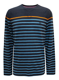 FF Mens NAVY Pure Cotton Striped Long Sleeve ROCK T-Shirt - Size M to XL