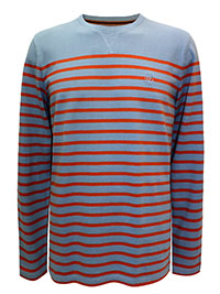 FF Mens LIGHT-BLUE Pure Cotton Striped Long Sleeve Rock T-Shirt - Size M to XL