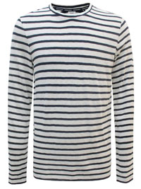 MoP Mens NAVY/WHITE Pure Cotton Striped Long Sleeve T-Shirt - Size S to 2XL