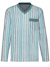 GREEN Mens Pure Cotton Striped Long Sleeve Pocket Lounge Top - Size L to 4XL (44/46 to 60/62)