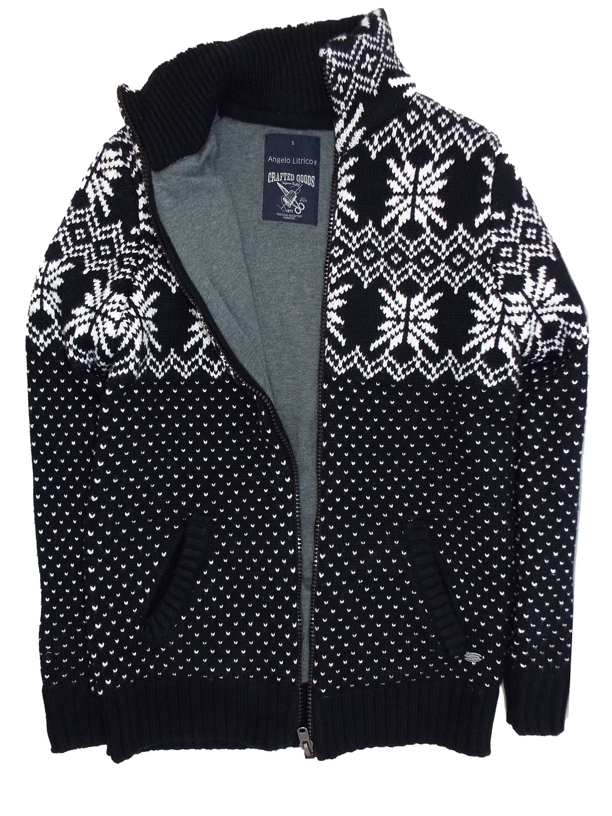 C&A - - BLACK Knitted Fairisle Zip Through Cardigan with Wool - Size ...