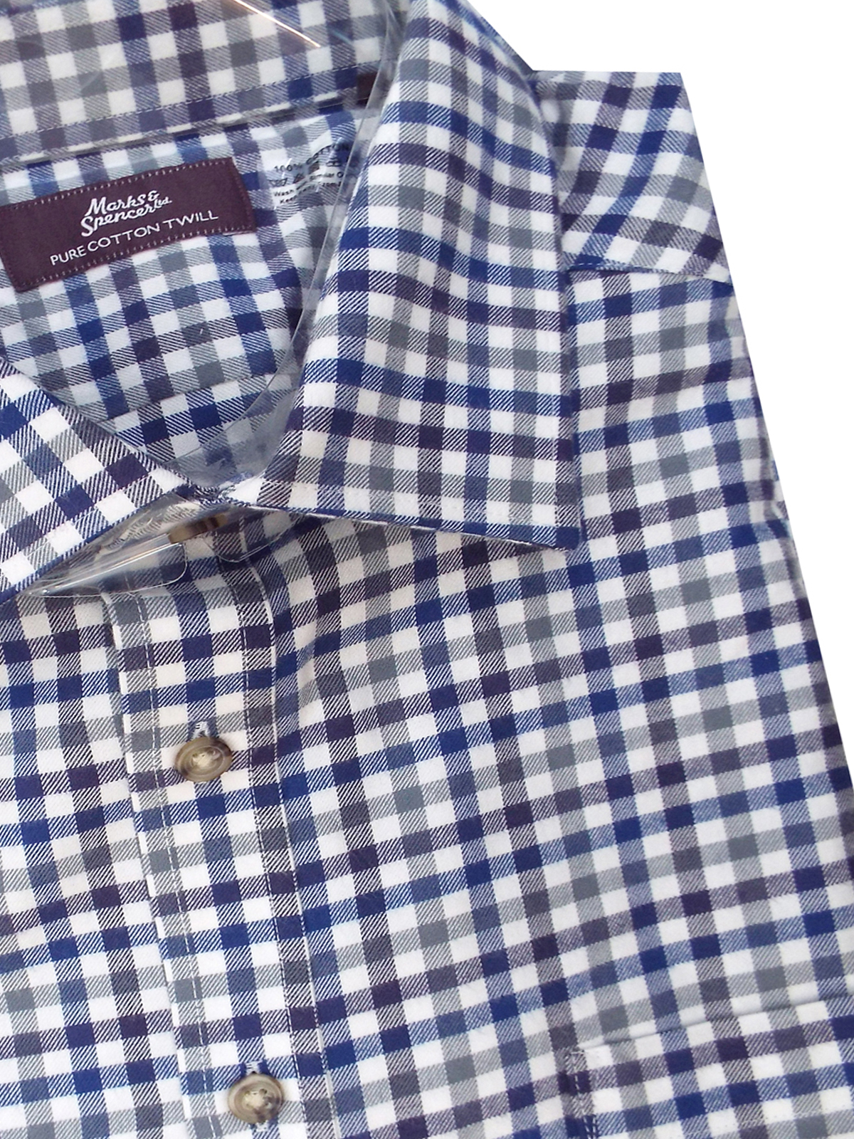 Marks and Spencer - - M&5 BLUE Pure Cotton Twill Checked Long Sleeve ...