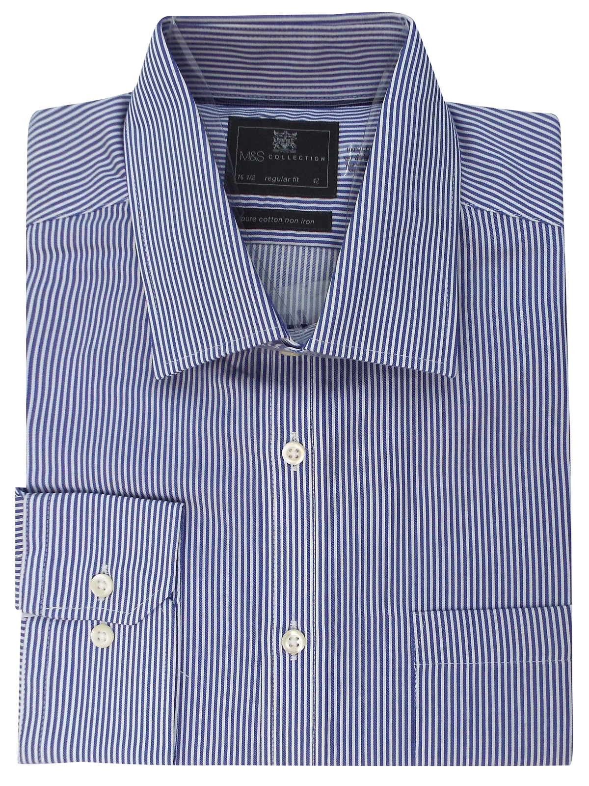 Marks and Spencer - - M&5 BLUE Pure Cotton Regular Fit Non-Iron Striped ...
