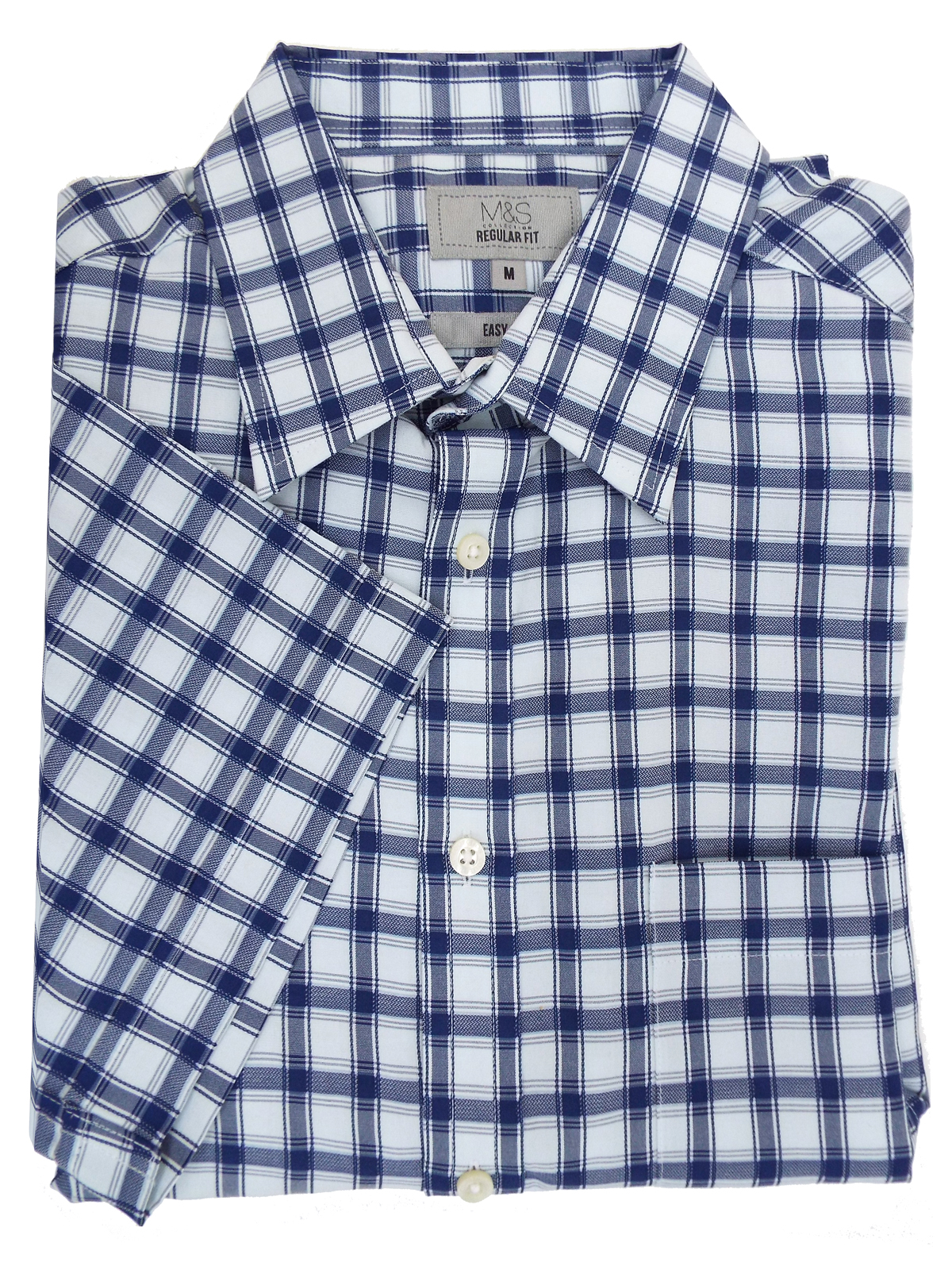 Marks and Spencer - - M&5 BLUE Pure Cotton Checked Short Sleeve Regular ...