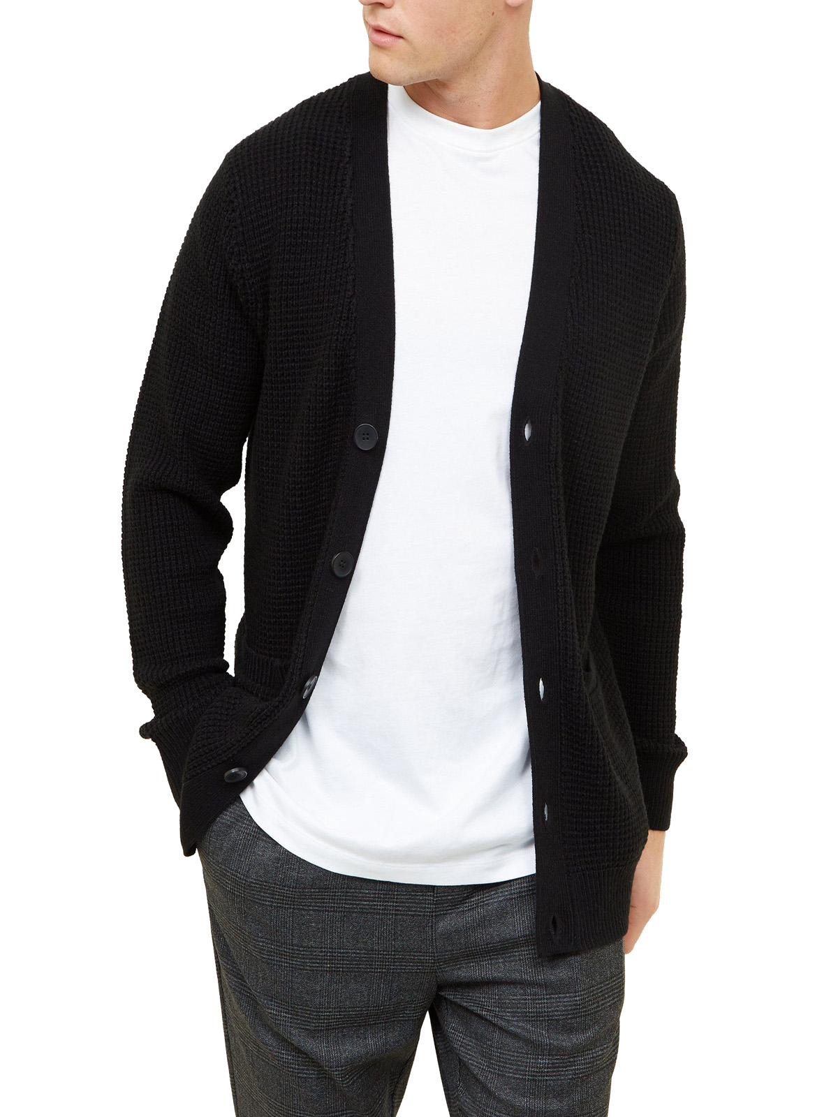 N3w L00k BLACK Mens Textured Button Through Cardigan - Size XSmall to 5XL