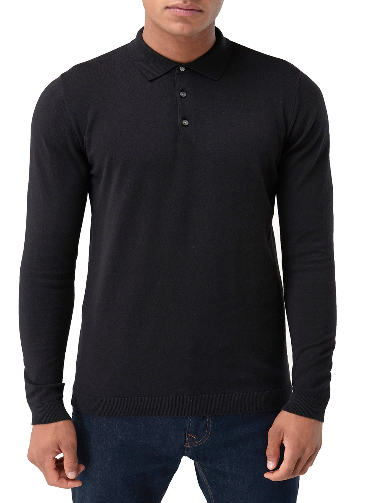 BLACK Mens Cotton Rich Long Sleeve Polo Shirt Size XS To XXL