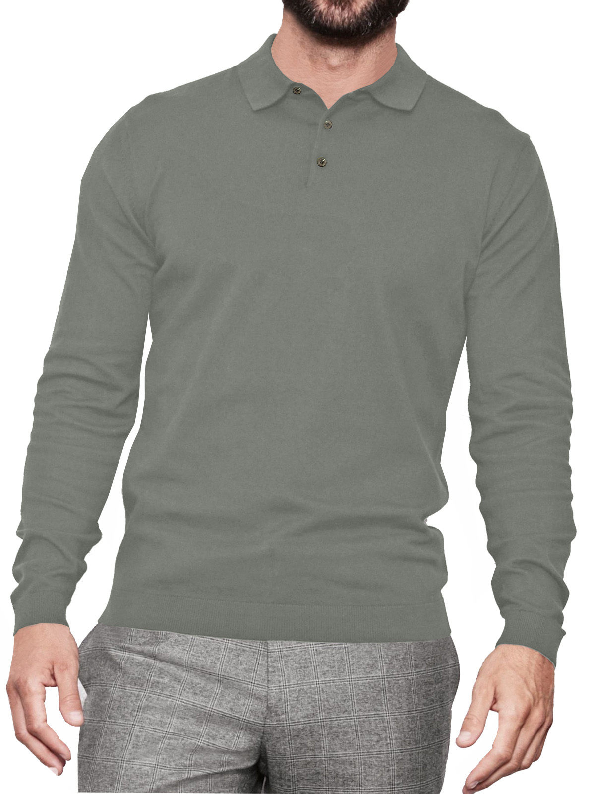 N3XT DUSTY-GREEN Mens Cotton Rich Long Sleeve Polo Shirt - Size Large