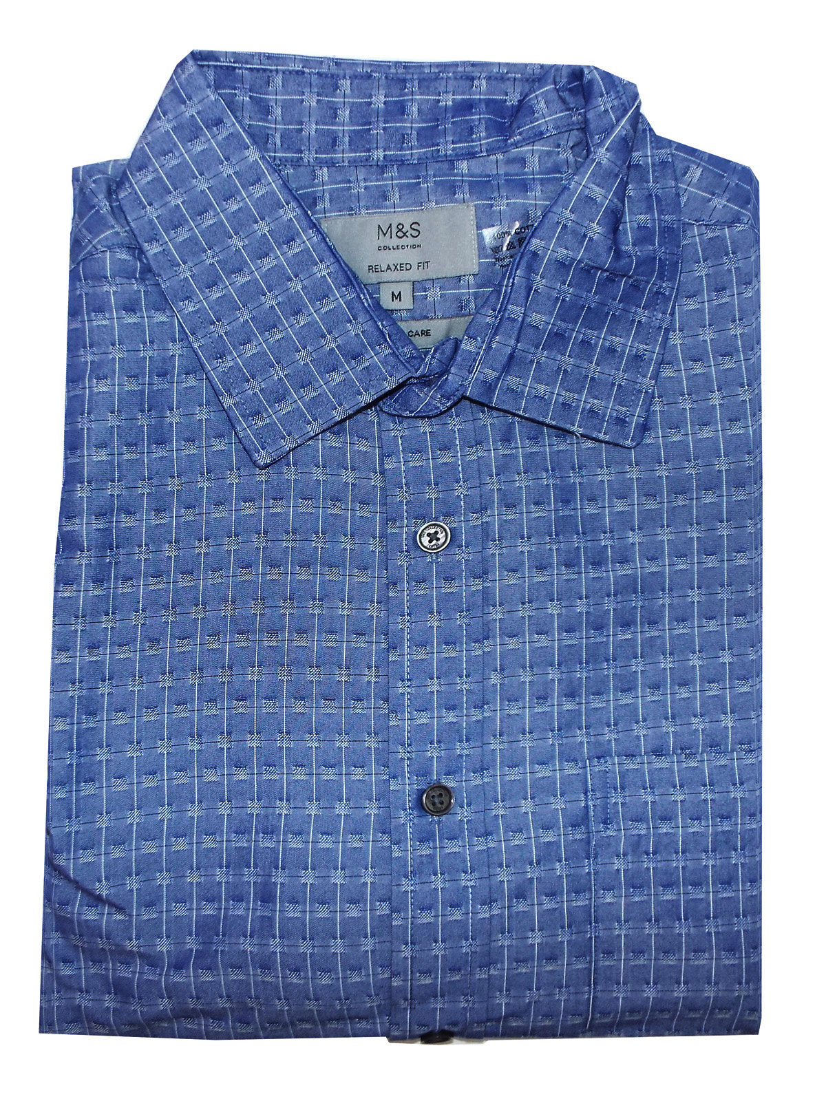 Marks And Spencer Mand5 Blue Mens Pure Cotton Relaxed Fit Checked Short Sleeve Shirt Size